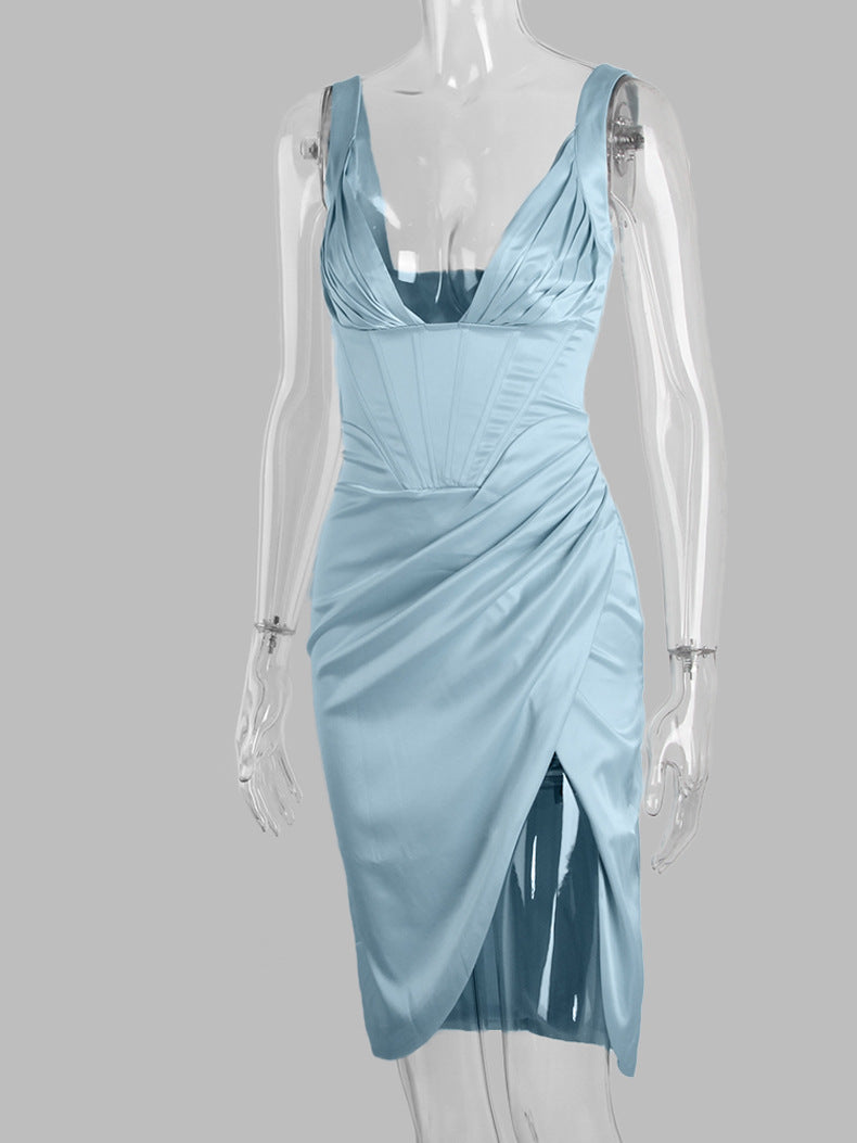 AIIZIE SATIN CORSET MIDI DRESS IN BLUE - product image