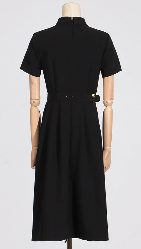 MYRA BLACK HOLLOW HOOK FLOWER A-LINE MIDI DRESS