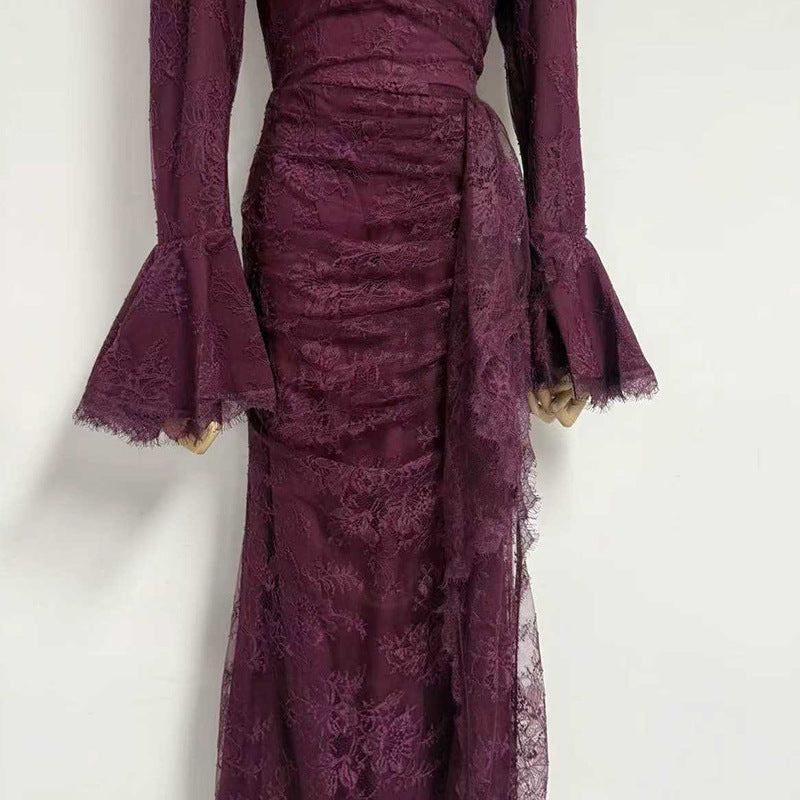 victoria Long lantern sleevelace-trim maxi dress - burgundy