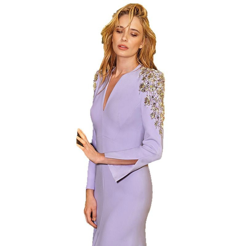 Lavender Beaded Mermaid Gown with Crystal Shoulder Accents