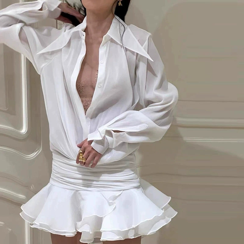 EMBER RUCHED RUFFLE MINI DRESS IN WHITE