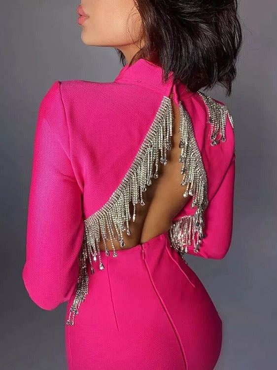 PINK LONG - SLEEVED BACKLESS BEADED BANDAGE MINI DRESS