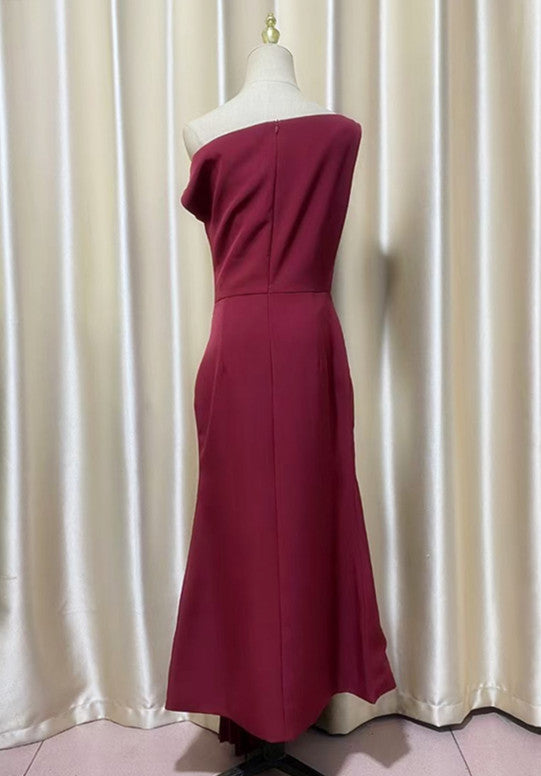 RED RUCHED DRAPED ASYMMETRIC MAXI DRESS