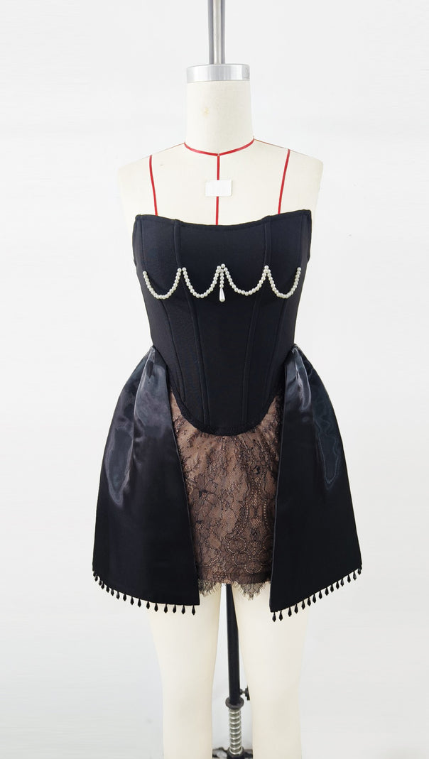 AIIZIE PEARL LACE CORSET DRESS BLACK MINI DRESS - product image