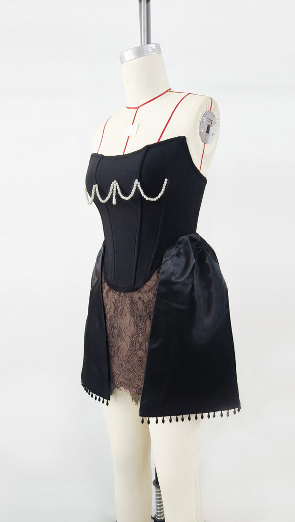 AIIZIE PEARL LACE CORSET DRESS BLACK MINI DRESS - product image