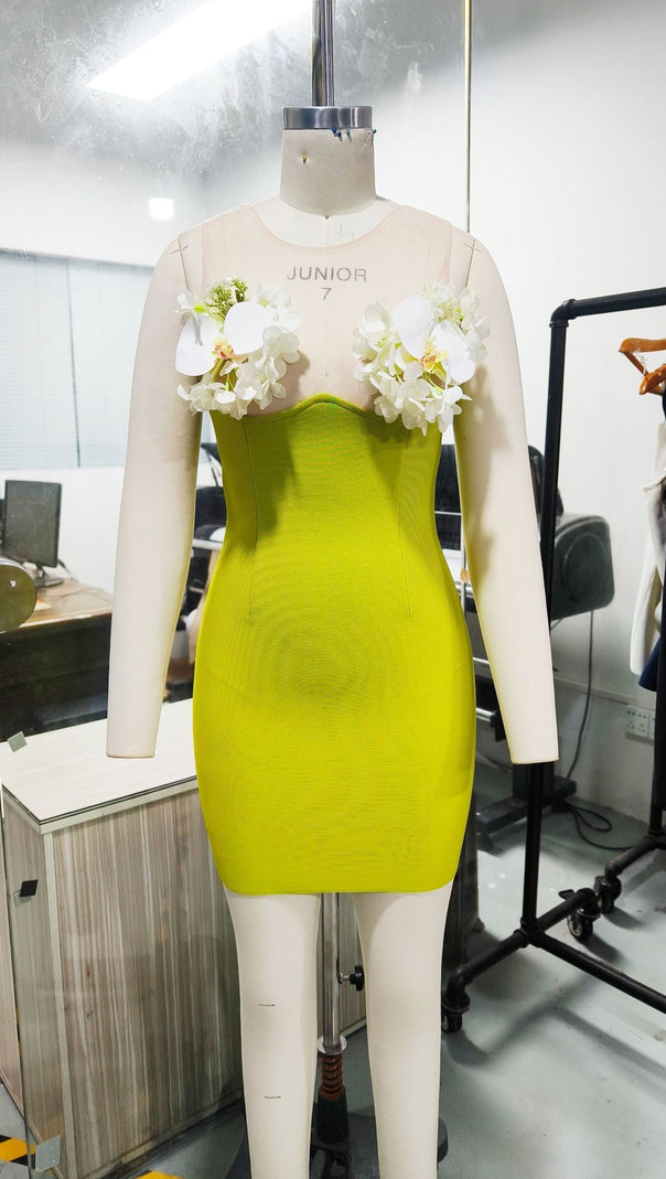 AIIZIE FLORAL YELLOW-GREEN TIGHT BANDAGE MINI DRESS - product image