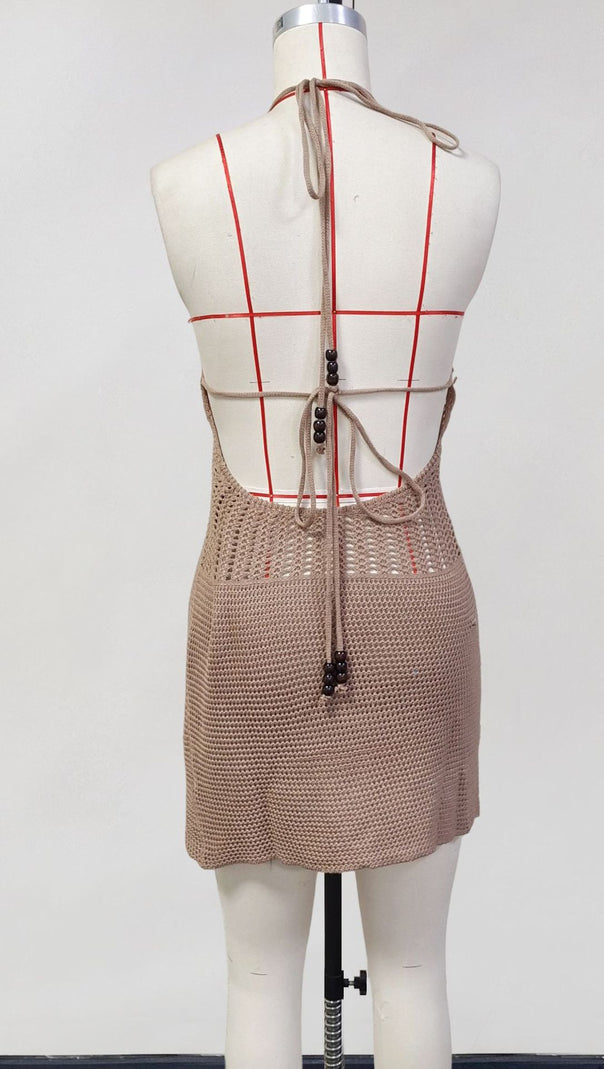 AIIZIE KHAKI KNITTED V - NECK HALTER NECKLINE BACKLESS MINI DRESS - product image