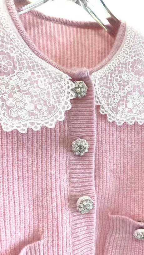 FLUFFY RIBBED-KNIT STRETCH-WOVEN BLEND CARDIGAN IN PINK