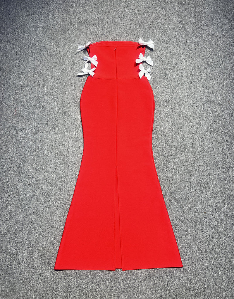 AIIZIE OFF-SHOULDER SLIM FIT HOLLOW BOW BANDAGE FISHTAIL SKIRT RED - product image