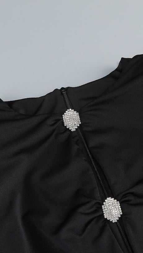 CRYSTAL-EMBELLISHED CUTOUT BLACK MINI DRESS