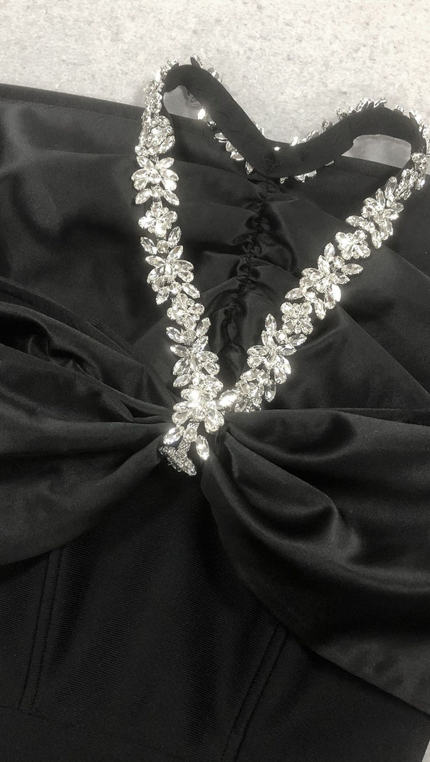 AIIZIE BLACK HEAVY DIAMOND HALTER MAXI DRESS - product image