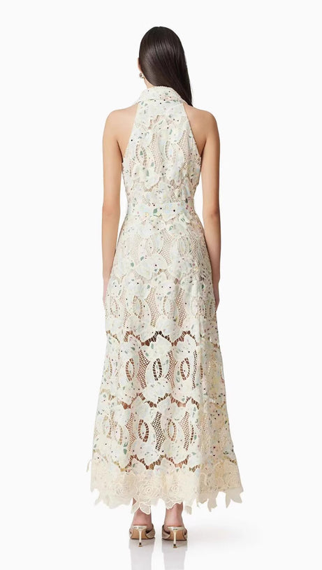 CHLOE SLEEVELESS HOLLOW LACE MAXI DRESS IN BEIGE