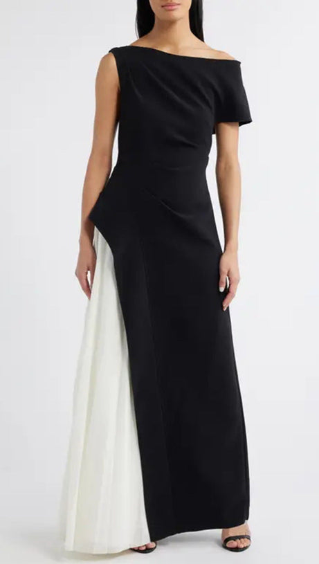 YVETTE ONE-SHOULDER PLEATED MAXI DRESS IN BLACK