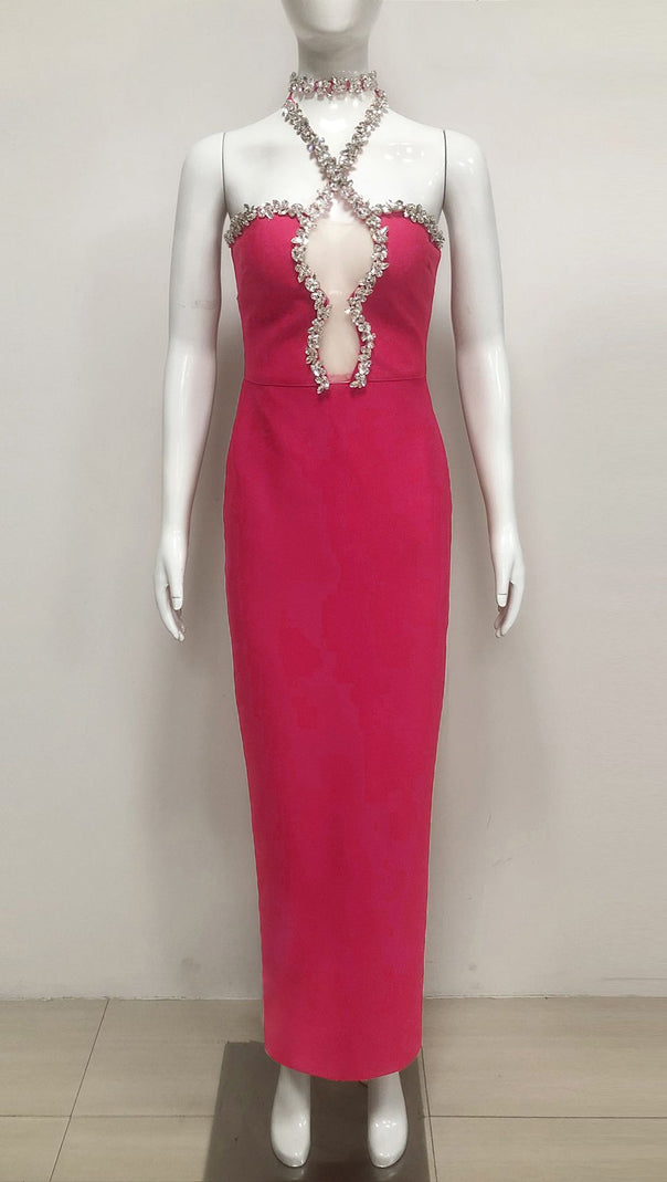 AIIZIE DIAMOND-EMBELLISHED HALTERNECK FITTED BANDAGE MAXI DRESS PINK - product image