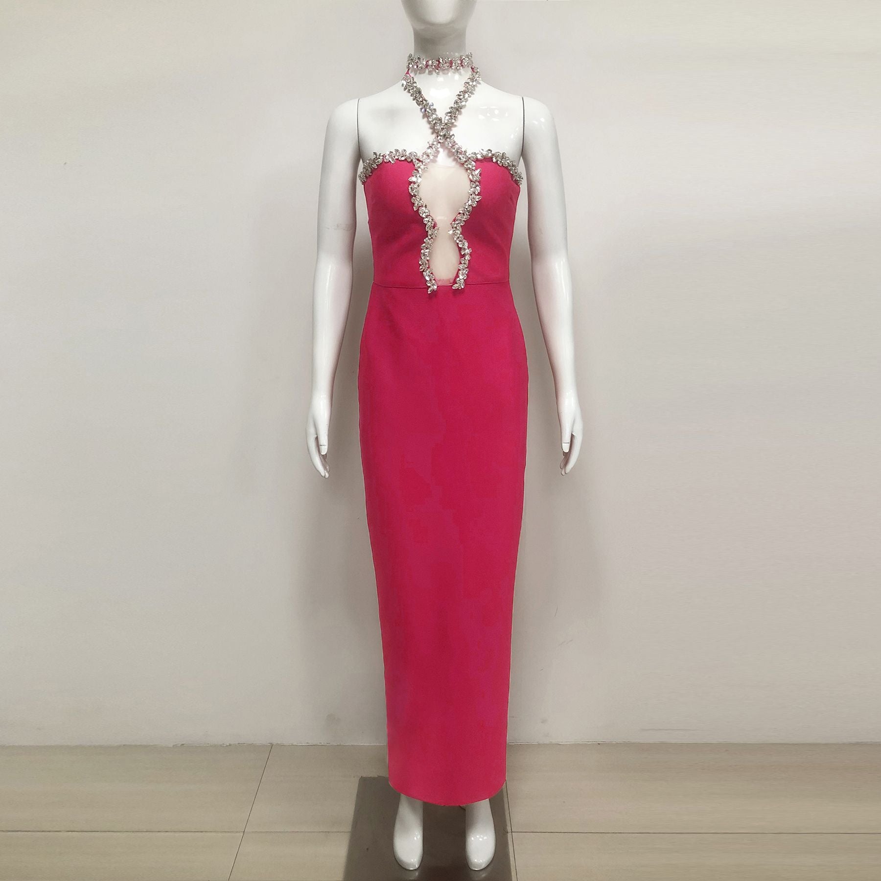 DIAMOND-EMBELLISHED HALTERNECK FITTED BANDAGE MAXI DRESS PINK