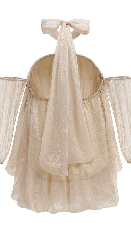 Beiges, schulterfreies, transparentes Minikleid mit Neckholder 