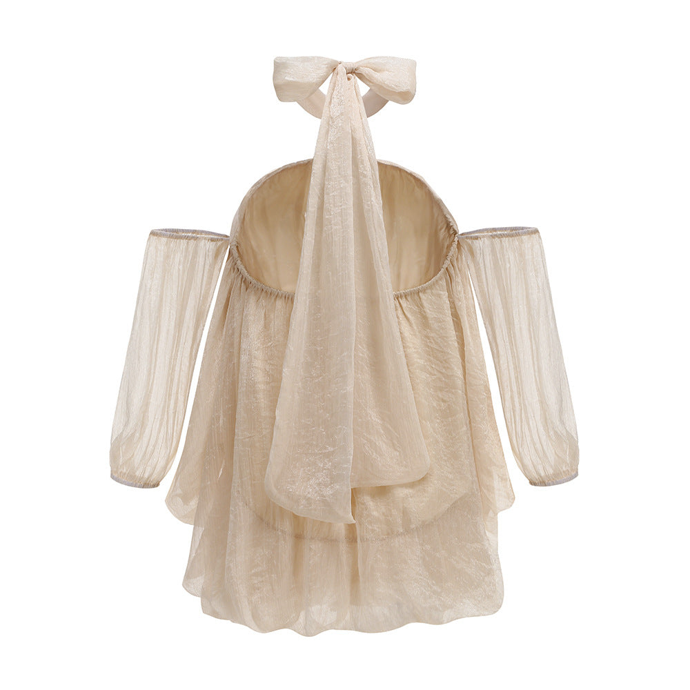 AIIZIE BEIGE HALTER NECK OFF - SHOULDER SHEER MINI DRESS - product image