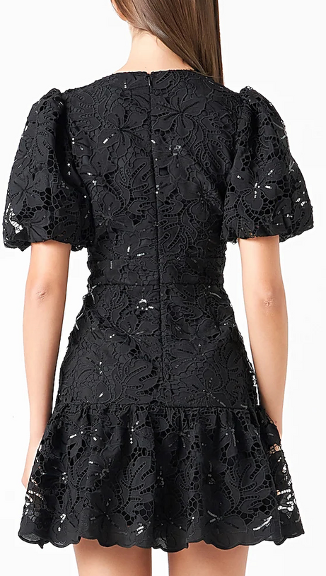 black sequin lace fitted flared mini dress