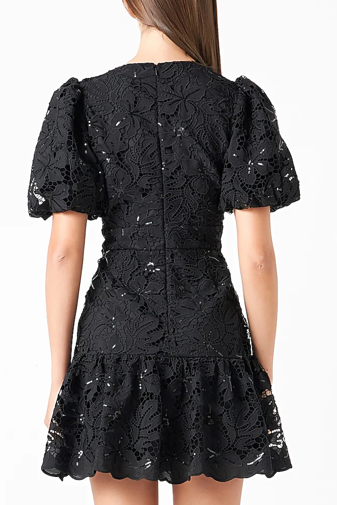 AIIZIE black sequin lace fitted flared mini dress - product image
