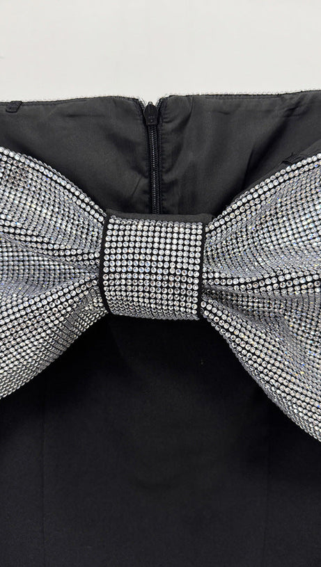 CRYSTAL BOW CRÊPE MAXI DRESS IN BLACK