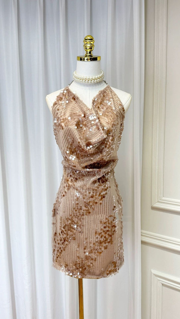 AIIZIE SETLLA HALTER SLEEVELESS SEQUIN MINI DRESS IN KAHKI BROWN - product image