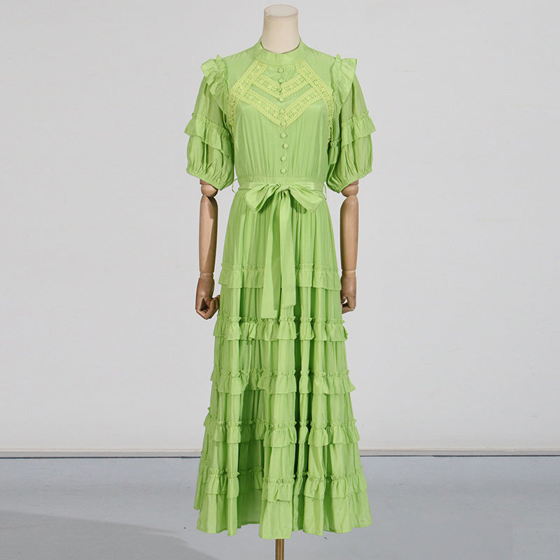 LACE RUFFLE TRIM LAYER MIDI DRESS IN GREEN