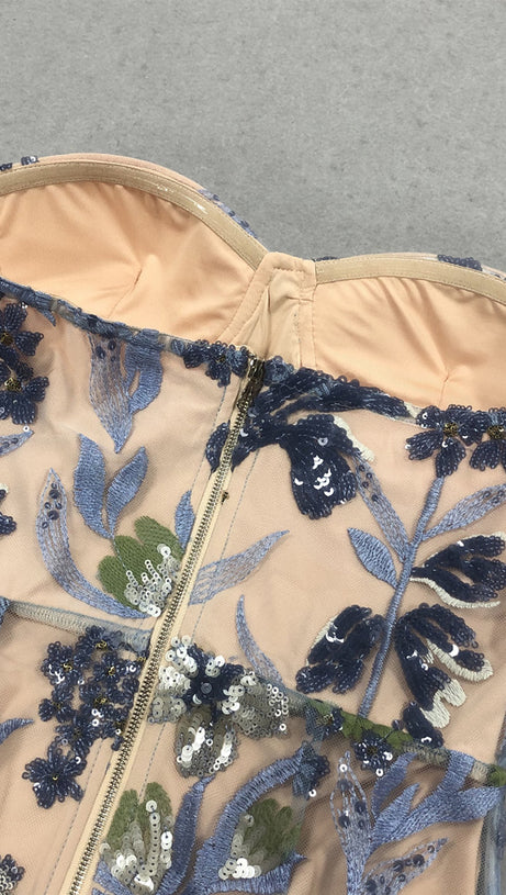 OFF-SHOULDER WITH 3D MESH EMBROIDERED SEQUINS MAXI DRESS WHITE