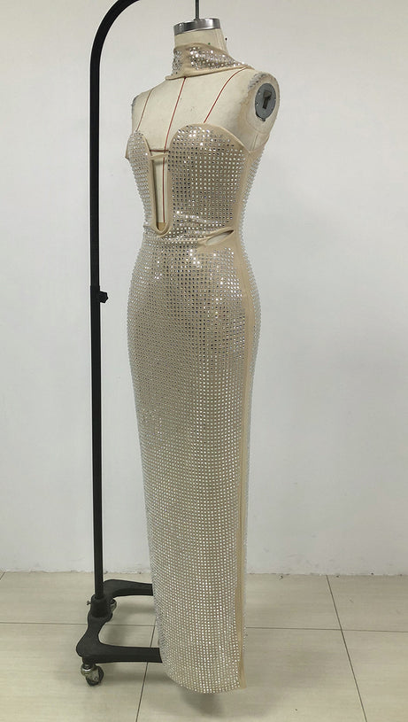 RHINESTONE MESH HALTER NECK MAXI DRESS