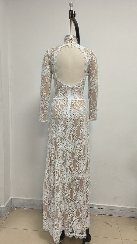 V-NECK LONG-SLEEVED LACE SHEER MAXI DRESS WHITE