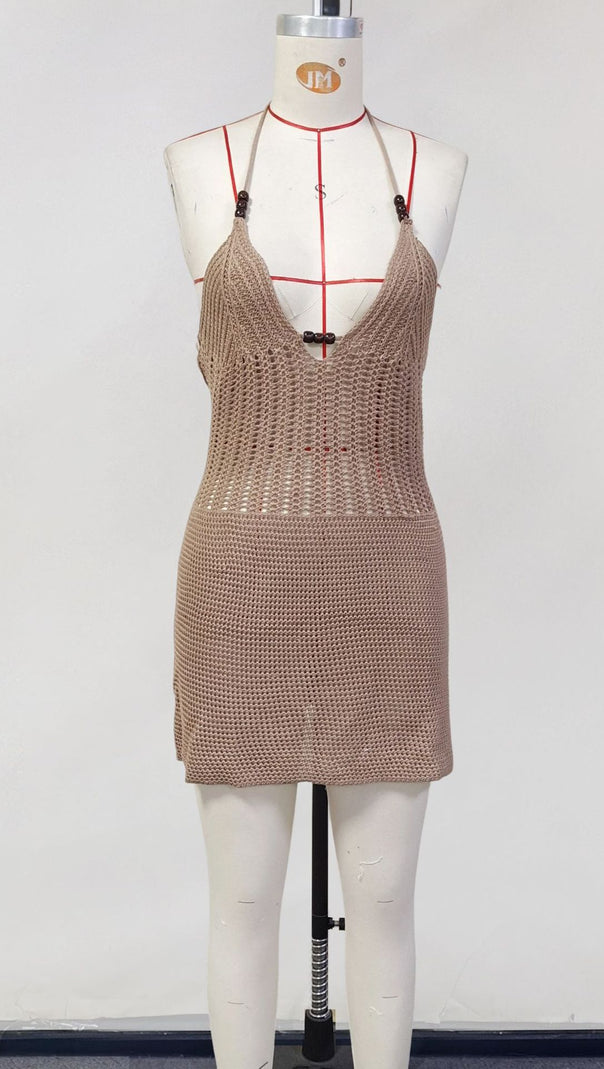AIIZIE KHAKI KNITTED V - NECK HALTER NECKLINE BACKLESS MINI DRESS - product image