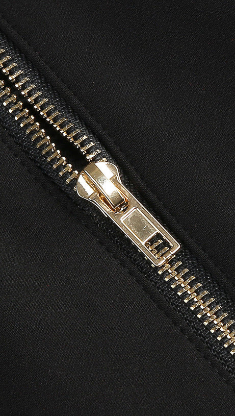 DIAMOND CHAIN EMBELLISHED TRUMPET SLEEVE MINI DRESS IN BLACK