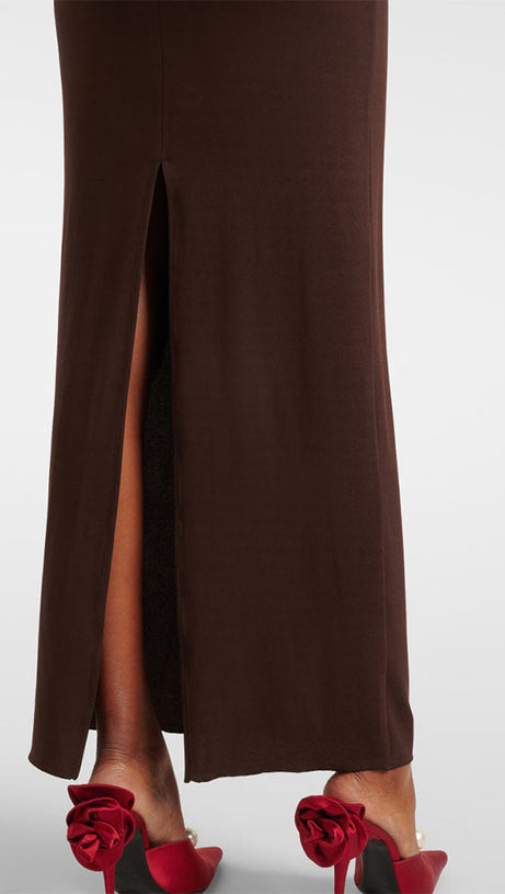 FLORAL-APPLIQUÉ JERSEY MAXI DRESS IN BROWN