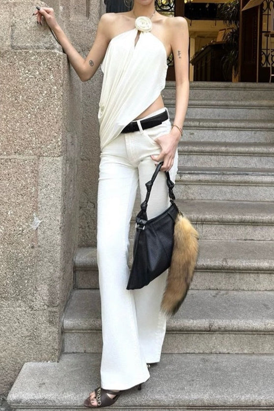 AIIZIE SATIN COWL NECK HALTER TOP IN WHITE - product image