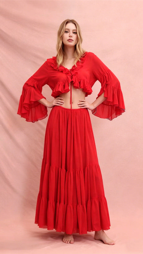 Ruffle cardigan crop top & maxi skirt set - red
