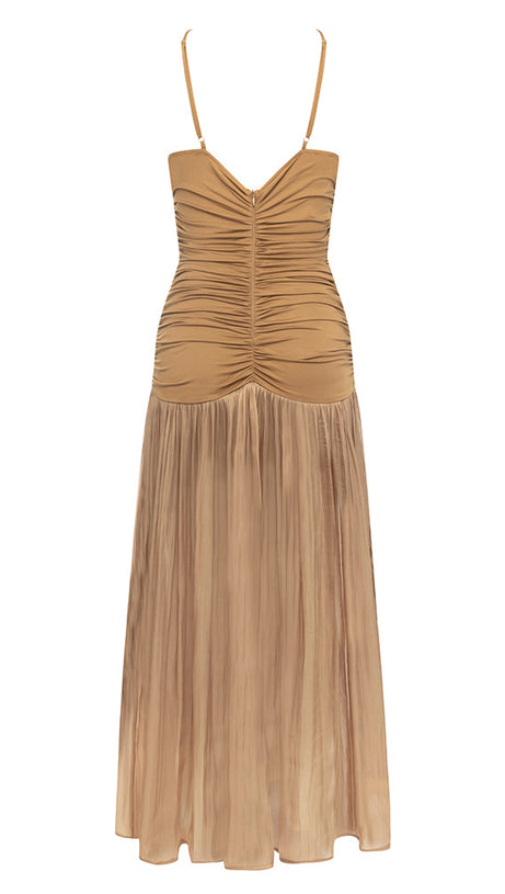 BROWN STRAPLESS DRESS WITH PLEATED PANELS MIDI DRESS