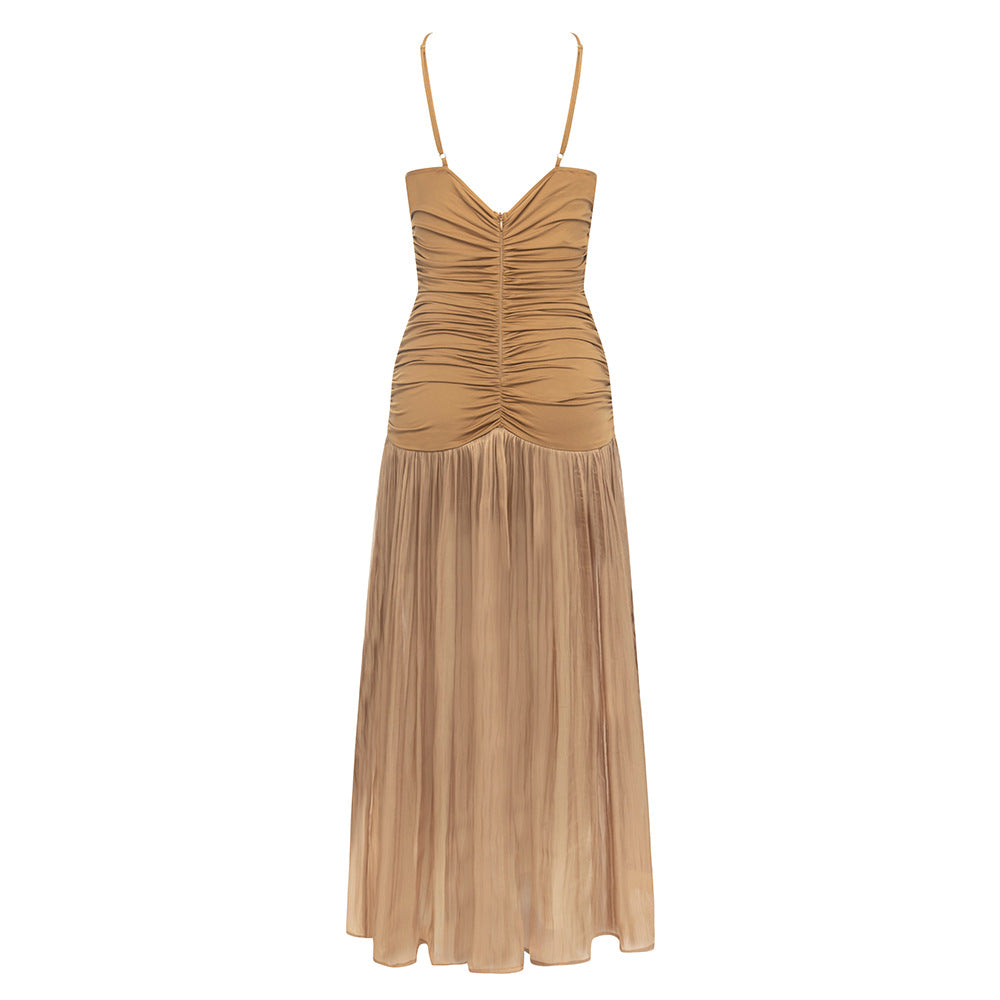 AIIZIE BROWN STRAPLESS DRESS WITH PLEATED PANELS MIDI DRESS - product image