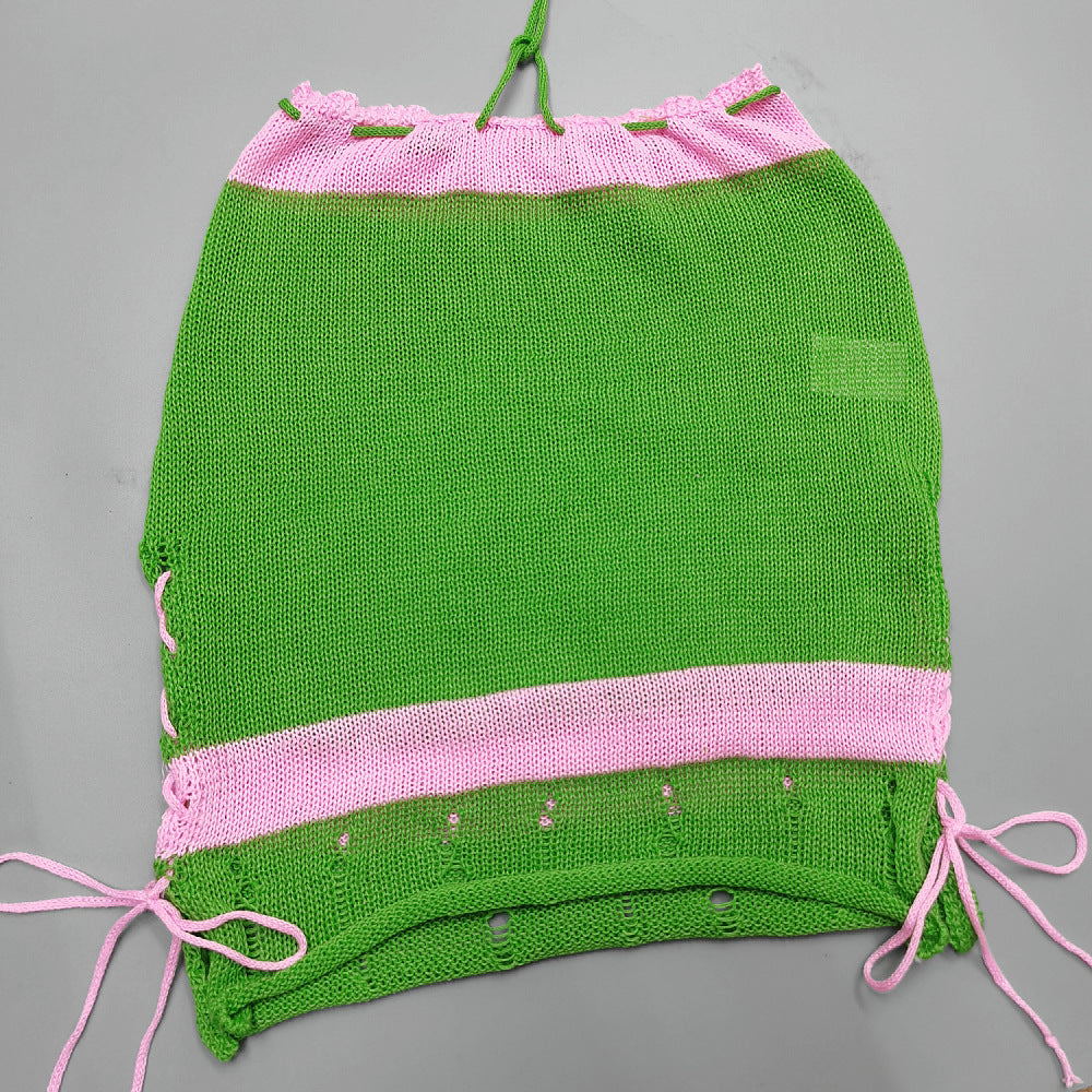 AIIZIE GREEN COLOR - BLOCKED PEARL HALTER KNITTED SET - product image