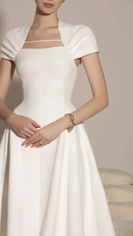 MYRNA SQUARE NECKLINE A-LINE MIDI DRESS IN WHITE