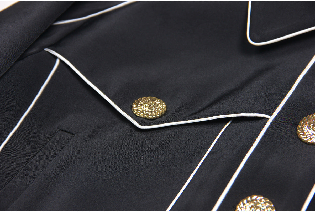 SEVEN-BUTTON BLACK PIPED-TRIM JACKET