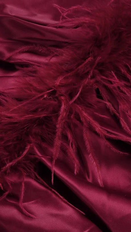 BURGUNDY FEATHER EMBELLISHED STRAPLESS MINI DRESS