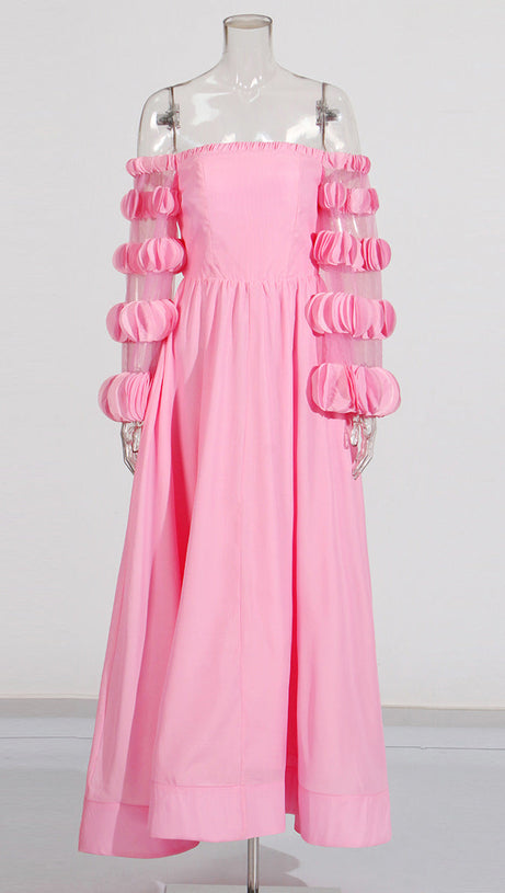 PETALS STRAPLESS TULLE MAXI DRESS IN PINK