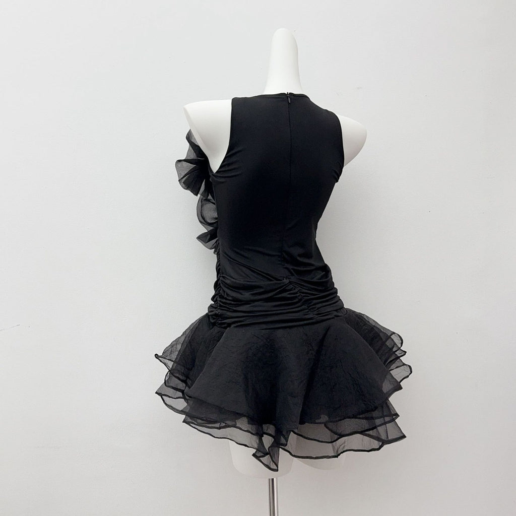 BLACK ROUND NECK SLEEVELESS RUFFLED MINI DRESS
