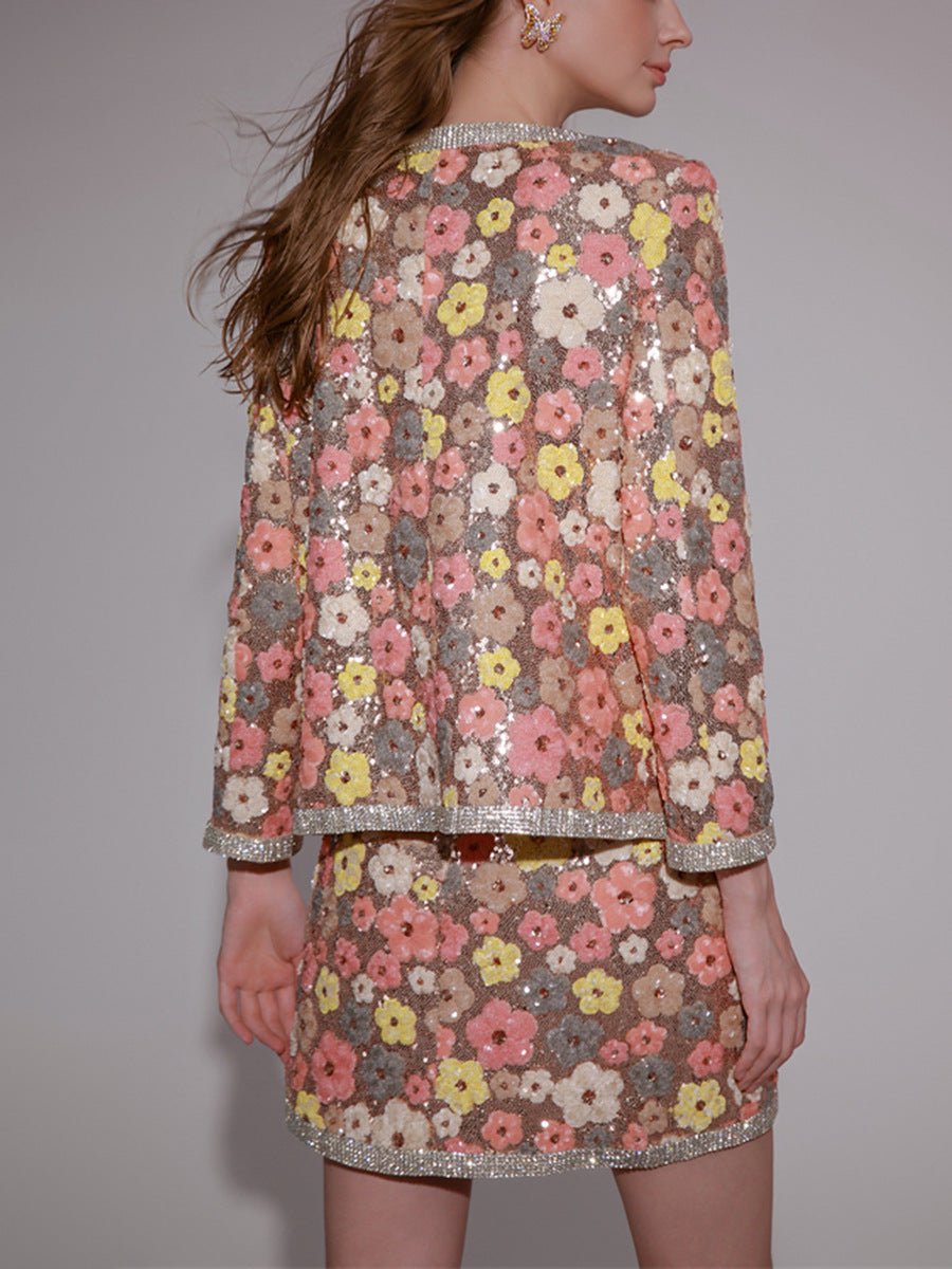 GONNA CORTA CON TOP A FIORI E DIAMANTI ROSA