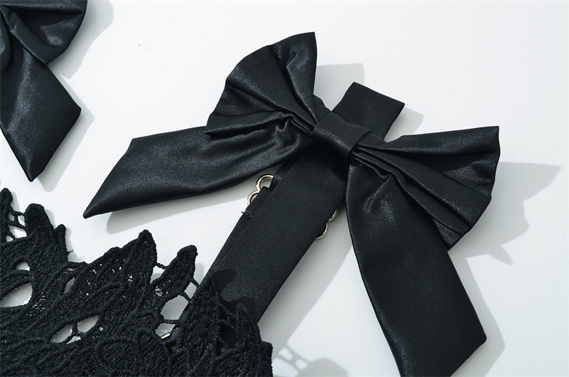 ABITO LUNGO IN PIZZO RICAMATO CON FIOCCO E CINTURINI HERMOSA NERO