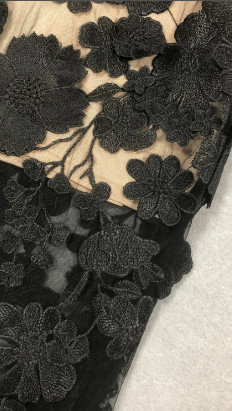 OFF-SHOULDER WITH 3D MESH EMBROIDERED SEQUINS MAXI DRESS BLACK