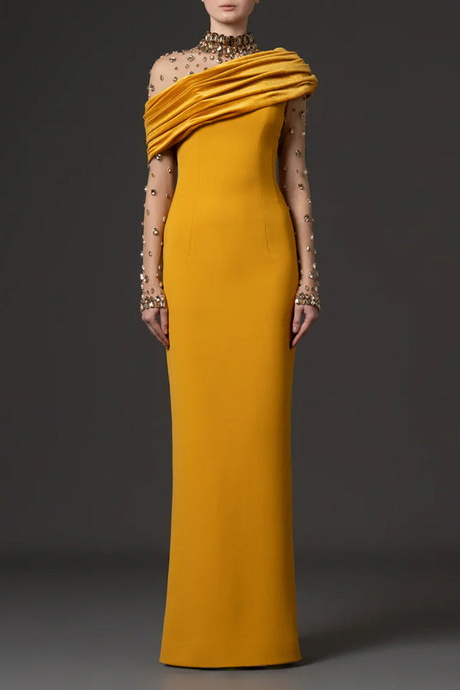Mesh-paneled beaded rhinestone-embellished maxi dress - yellow