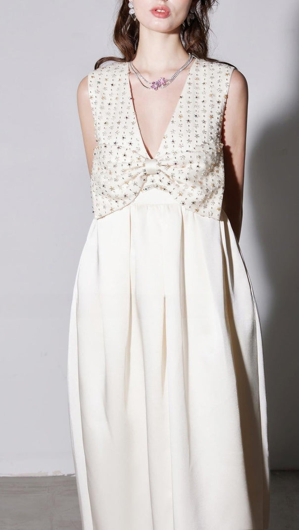 AIIZIE alva v-neck rhinestone embroidery satin maxi Dress in white - product image