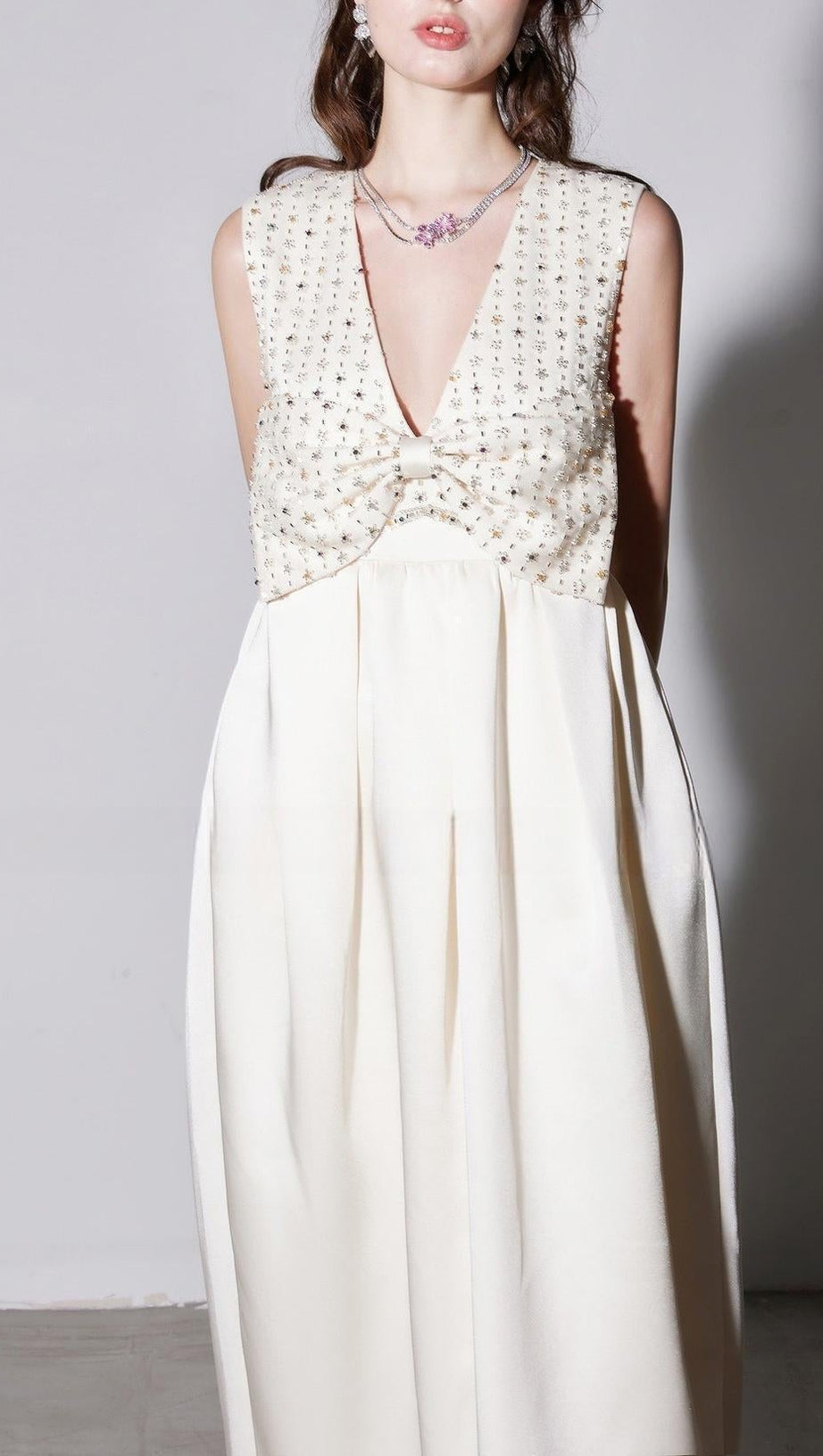 alva v-neck rhinestone embroidery satin maxi Dress in white