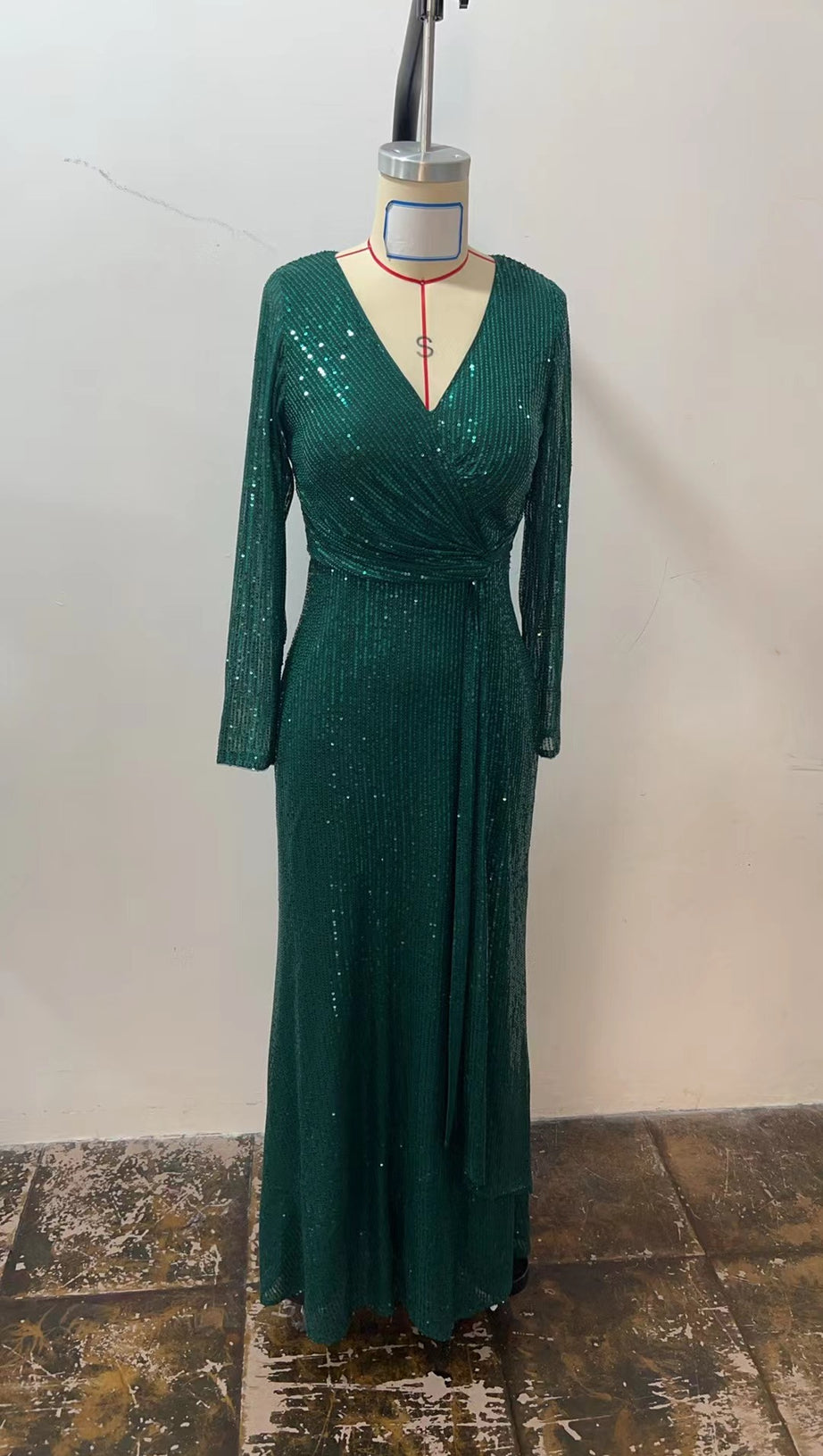 GREEN SEQUINNED LONG - SLEEVED V - NECK MAXI DRESS
