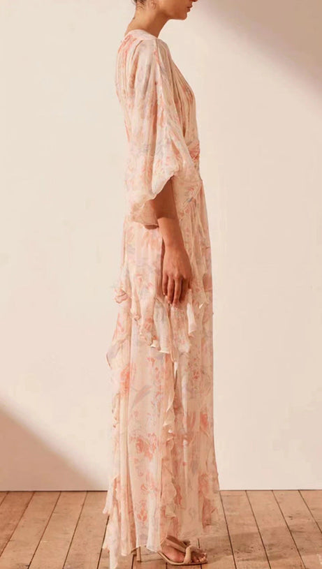 PUFF LONG SLEEVE TIERED RUFFLE HEM MAXI DRESS IN PINK